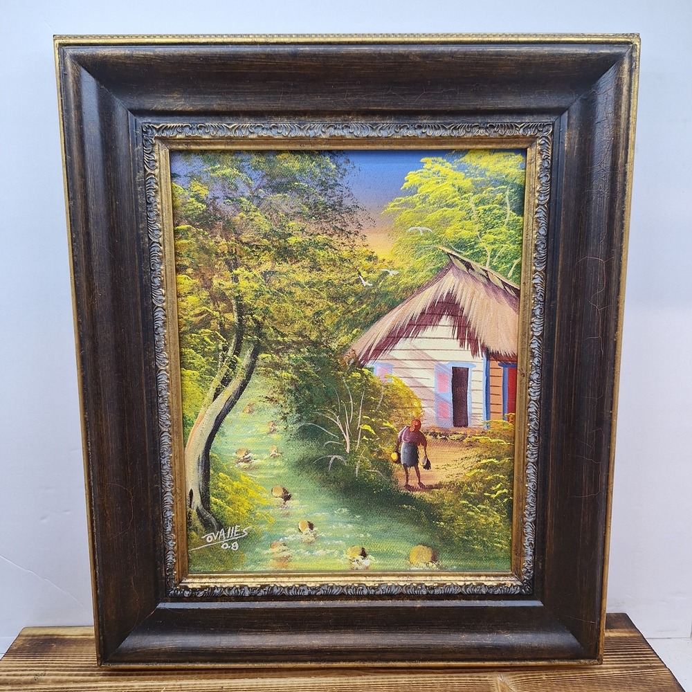Original Framed Canvas Painting Village Landscape Scene‎ Artist Signed 08